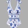 Sexy bikini one-piece swimsuit chiffon skirt round skirt shoulder V-neck swimsuit beach gathering conservative belly cover