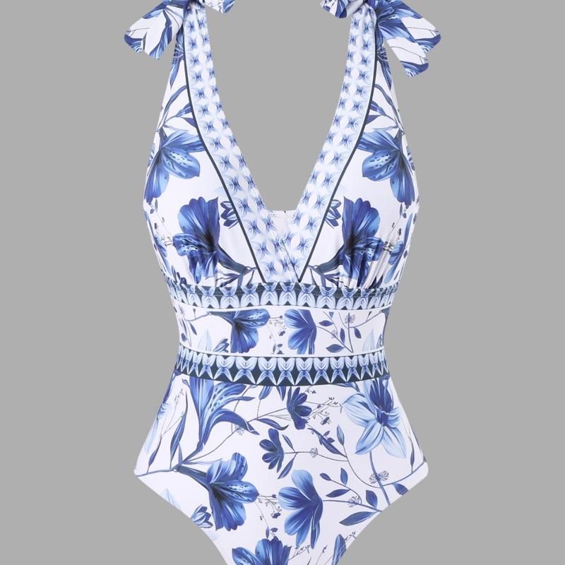 Sexy bikini one-piece swimsuit chiffon skirt round skirt shoulder V-neck swimsuit beach gathering conservative belly cover
