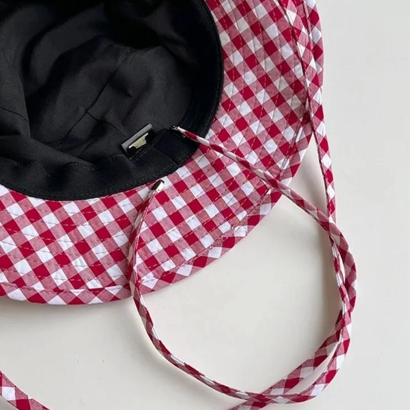 Vintage Plaids Bucket Hats Women Versatile Sweet Lace-up Fisherman's Hat Summer Big Brim Sun Protection UV Protection Sun Hat