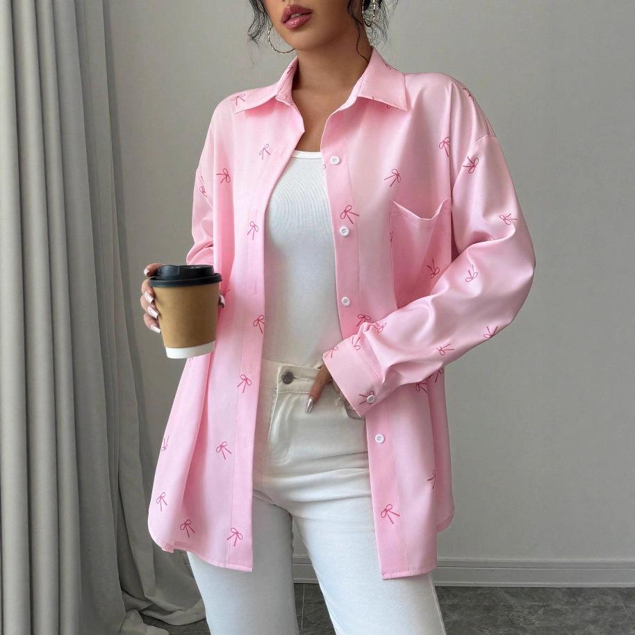 

Женская блузка рубашка весна осень поло воротник принт бант пуговица длинный рукав рабочая одежда офисная леди повседневная оверсайз кардиган рубашки L