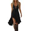 Women’s Vintage Casual Drawstring Lace Trim Dress Sleeveless High Low Hem V Neck A Line Midi Dress for Summer