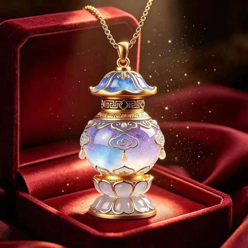 Ethnic Auspicious Gourd Statue Imitation Jade Pendant Necklace Vintage Jewelry For Women Traditional Outfit Accessory Gift