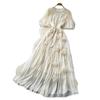 French Heavy Industry Diamond-encrusted Red Pleated Dress for Women's Summer Waist and Thin Temperament Thousand Gold Style Long Dress