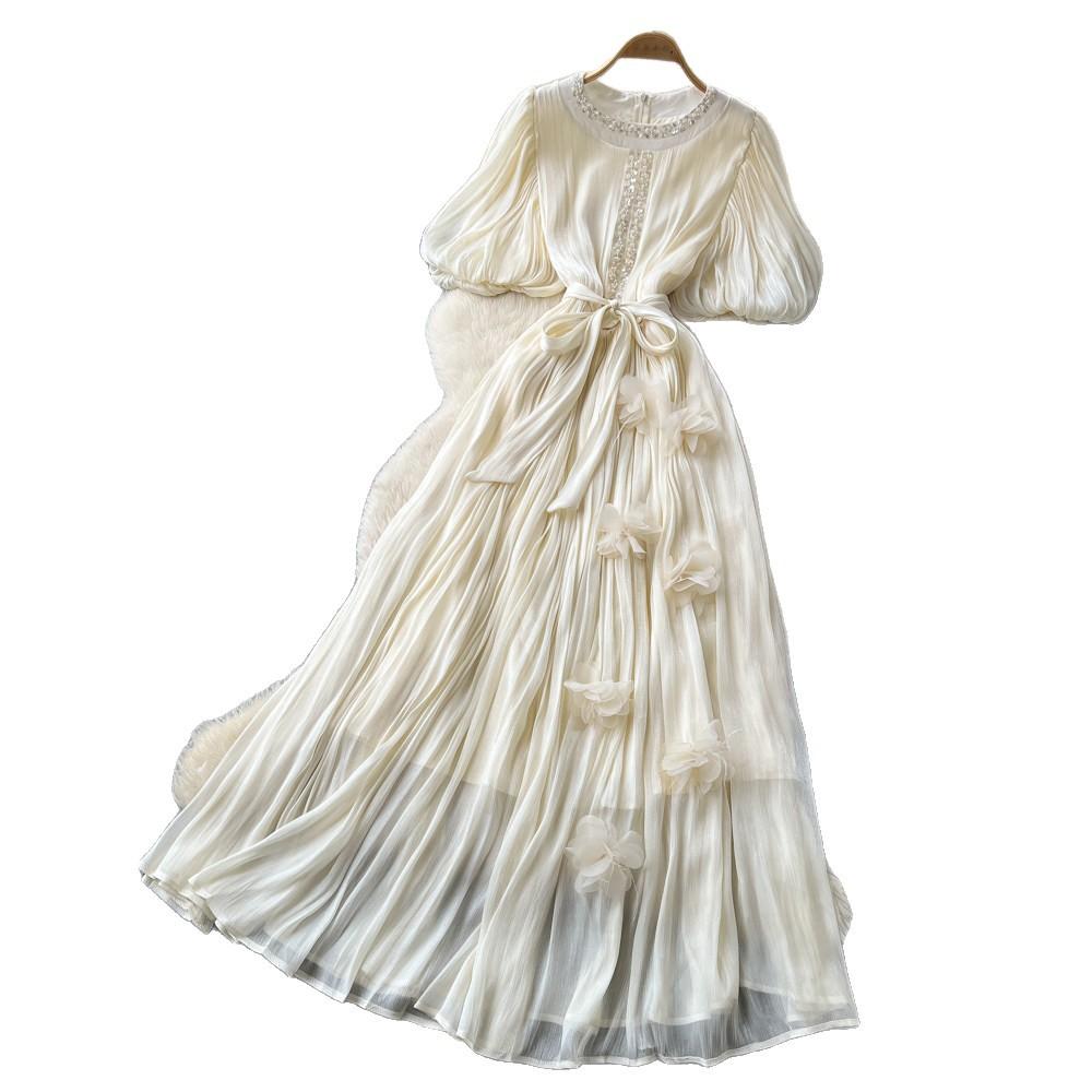 French Heavy Industry Diamond-encrusted Red Pleated Dress for Women's Summer Waist and Thin Temperament Thousand Gold Style Long Dress