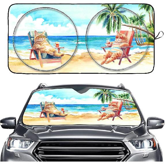 Tropical Beach with Cute Cats Windshield Sun Shade, Front Window Sun Shade for Car SUV Truck-63'' X 30'', Foldable UV Ray Reflector Visor Shield