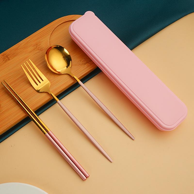 

Portable Stainless Steel Cutlery Set 4 Pieces Including Chopsticks Fork Spoon Durable Lightweight Travel Flatware Set One Size розовый