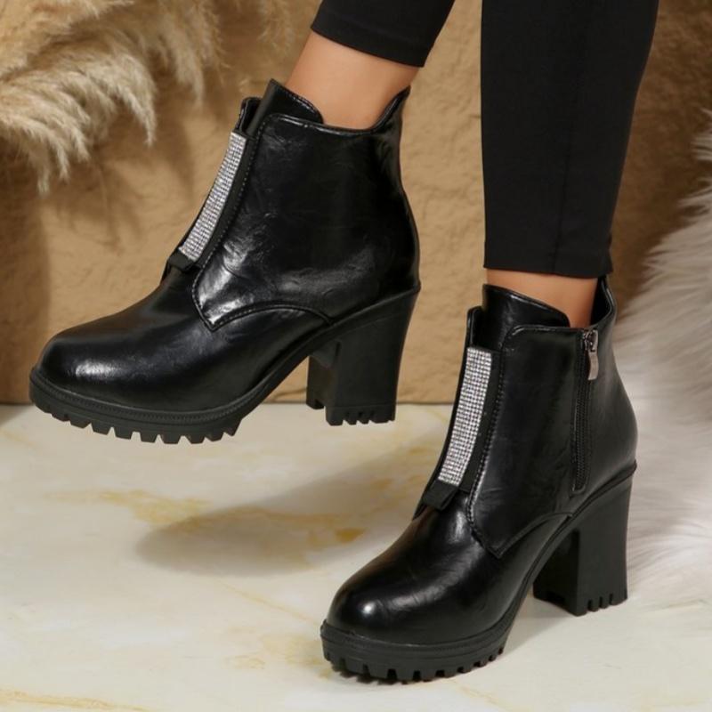 Fashionable New Comfortable Plus Size Sequined High-Heeled Women'S Boots Winter Round Toe Thick Sole Non Slip Casual Work Boots