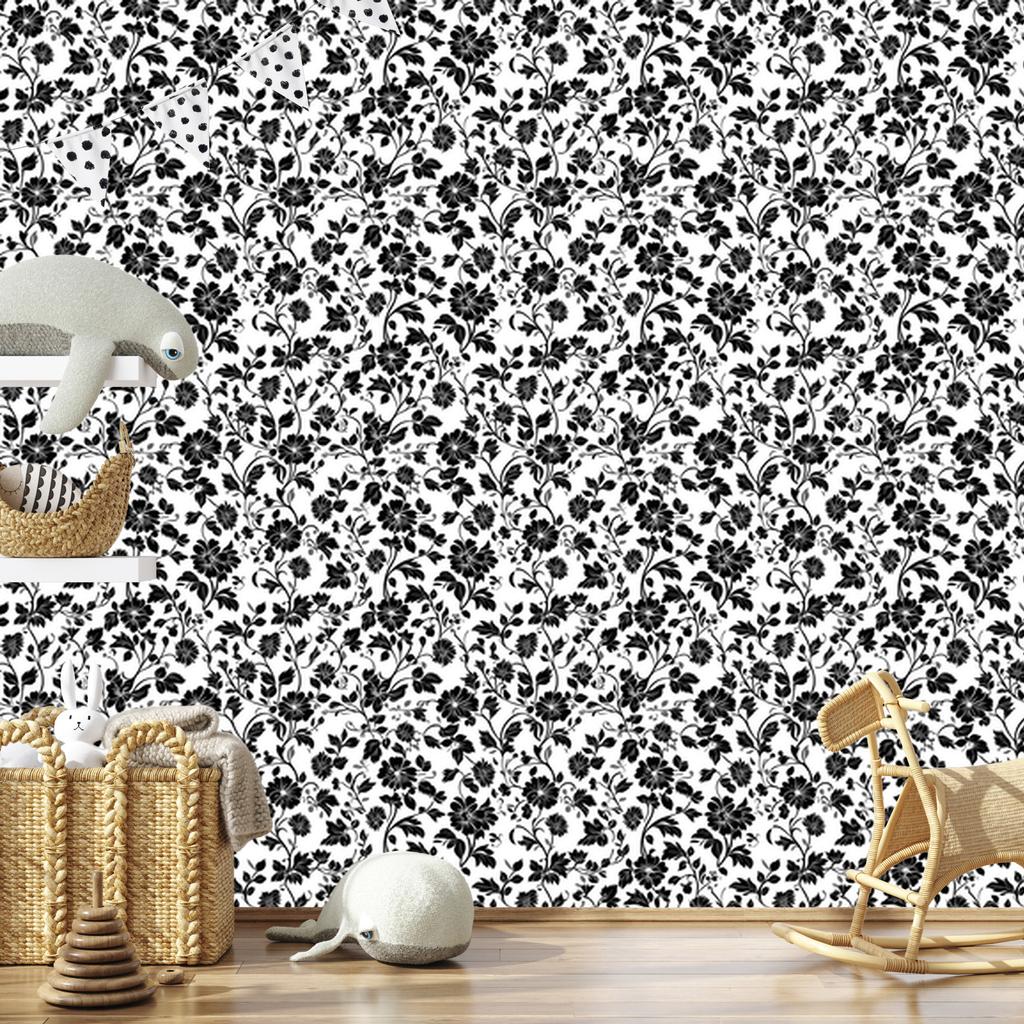 Wallpaper Black and White Flowers Gray and Graphite for Living Room and Bedroom 50x1000