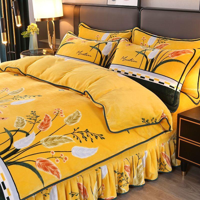Winter thickened milk velvet four-piece set warm coral velvet double-sided velvet quilt cover bed sheet plus velvet bed skirt bedding