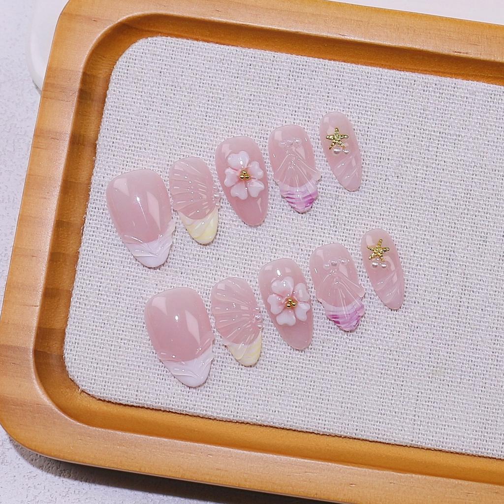10pcs 3D Emboss Flower Press On Nails Summer Shell Sea Nail Art Cute Pearl Handmade False Nails French Short Almond Fake Nails