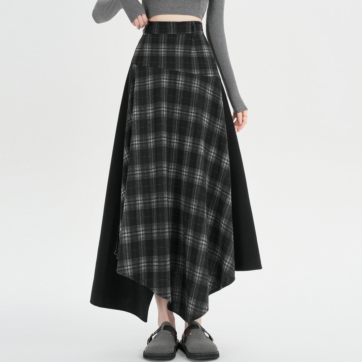 Retro Plaid Patchwork Midi Skirt - High Waist A-Line Design for Autumn/Winter Small