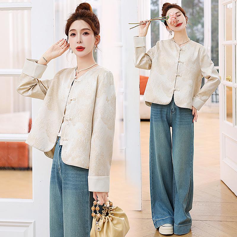 2025 Women's Spring Jacquard Color Block Retro Jacket with Frog Buttons