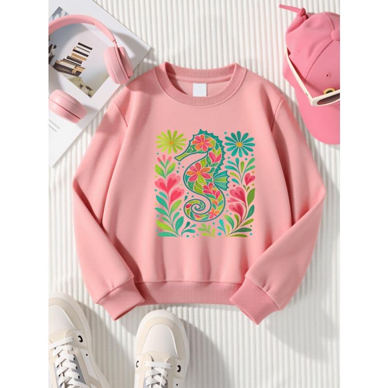 European Sizes Kids' Sweatshirts, Girls' Autumn Winter Colorful Floral Seahorse Print Long Sleeve Round Neck Sweatshirt, Casual Daily Wear.