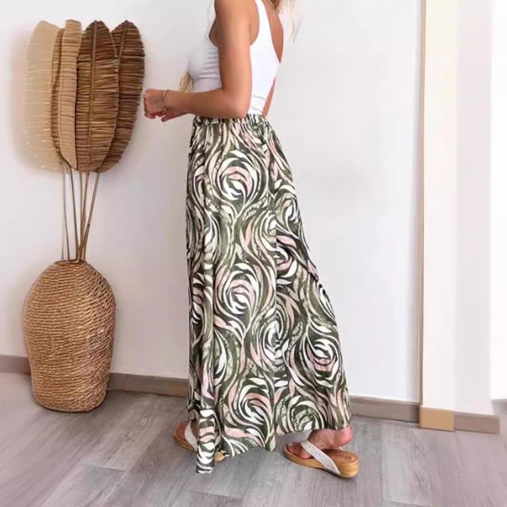 Summer women's loose and casual Bohemian printed wide leg pants with flared pants