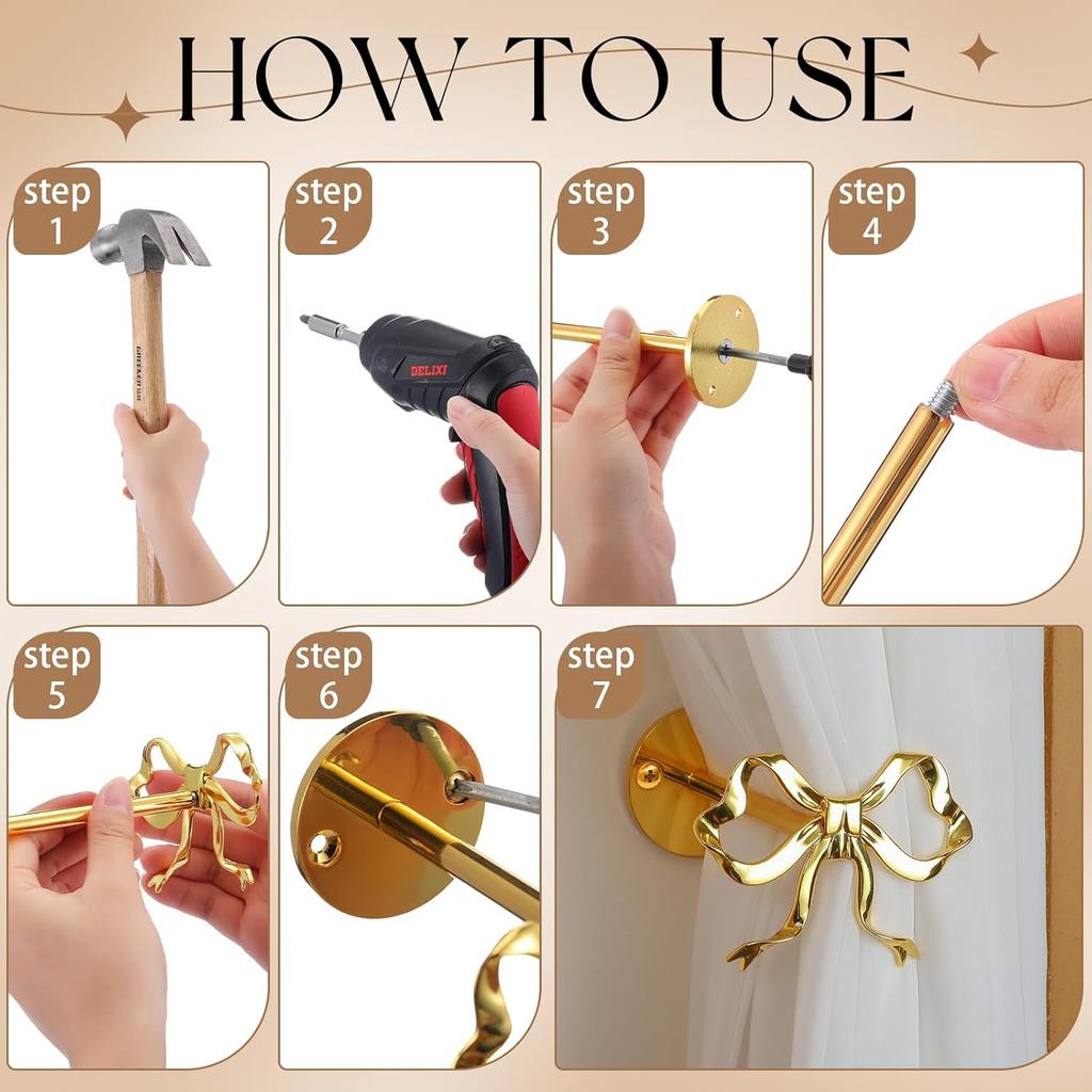 2 Pcs Metal Bow Curtain Holdbacks Gold Wall Mounted Bow Curtain Hold Backs Curtains Modern Gold Holders for Living Room Bedroom Office Home