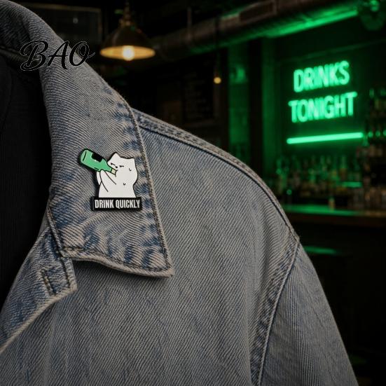 Denim Jacket Accessory Outfit Brooch for Men & Women, Cartoon Kitten Drinking Canvas Bag Wine Enamel Pin, Decorative Jackets Bags Hats Cat