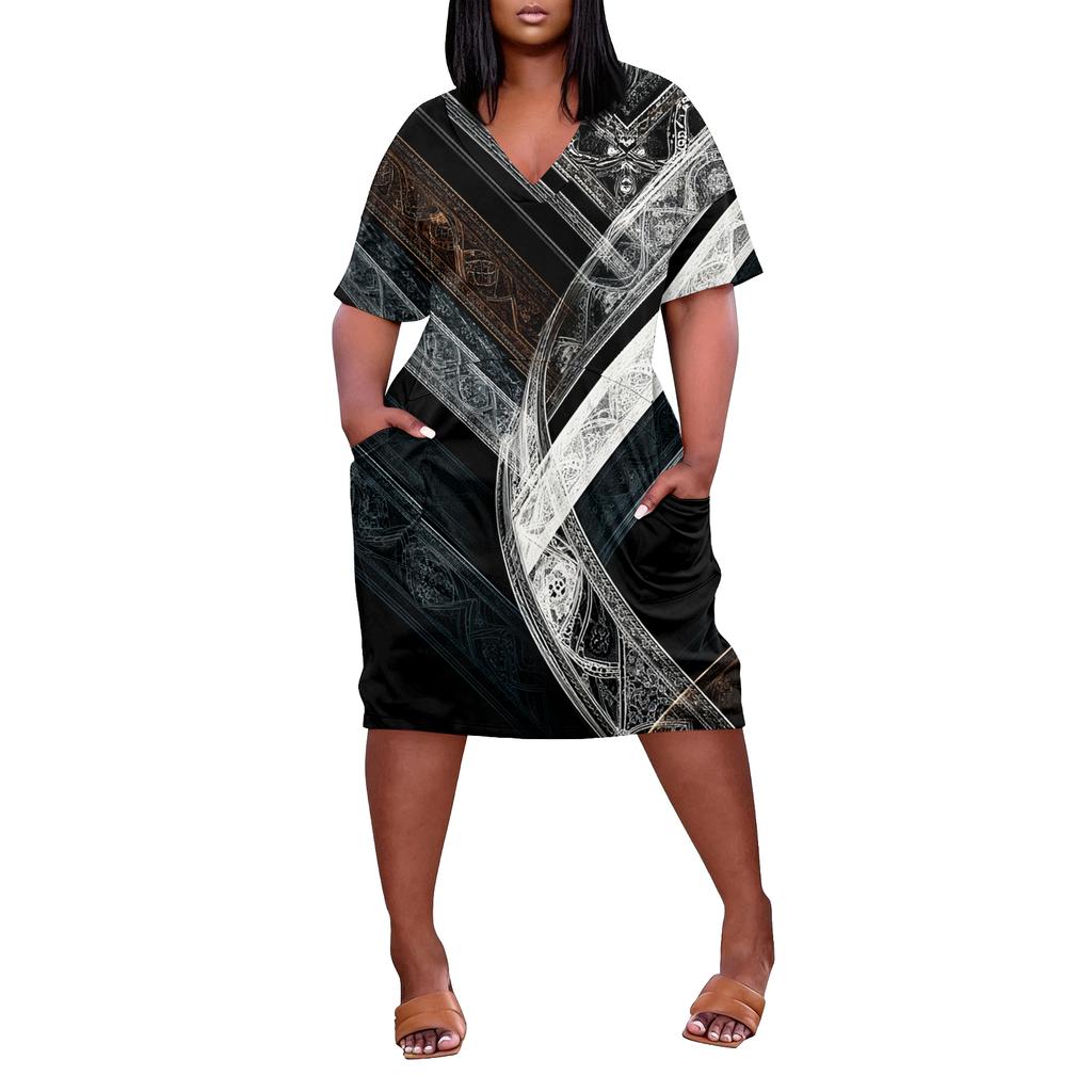 Letní nadměrné velikosti V výstřih krátký rukáv ke kolenům kapsa potisk ležérní šaty pro ženy