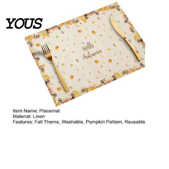 Reusable Table Linens for Thanksgiving Pumpkin Autumn Leaves Placemat, Linen Washable Heat Resistant Watercolor Place Mat Dining Fall Seasonal