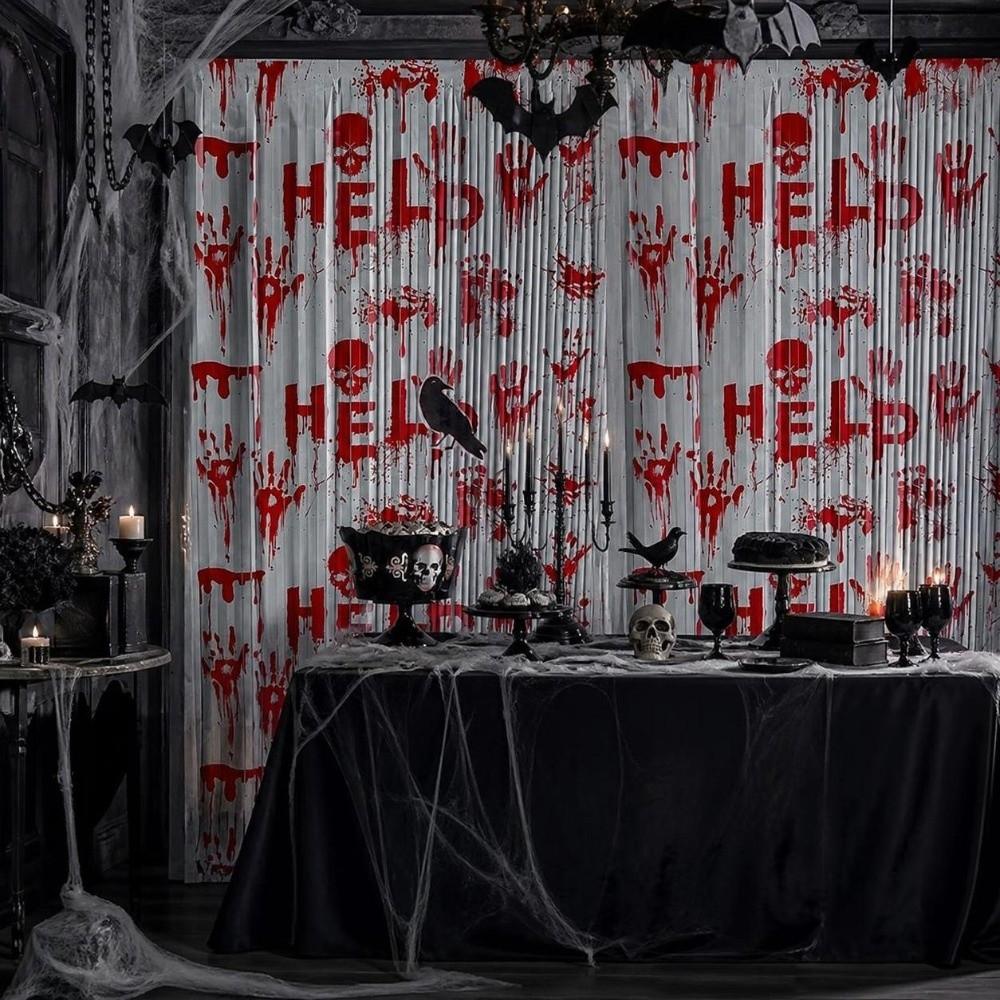 Bloody Handprint Halloween Tinsel Curtain 2M Scary Background Wall Tassel Ghost Festival Decor