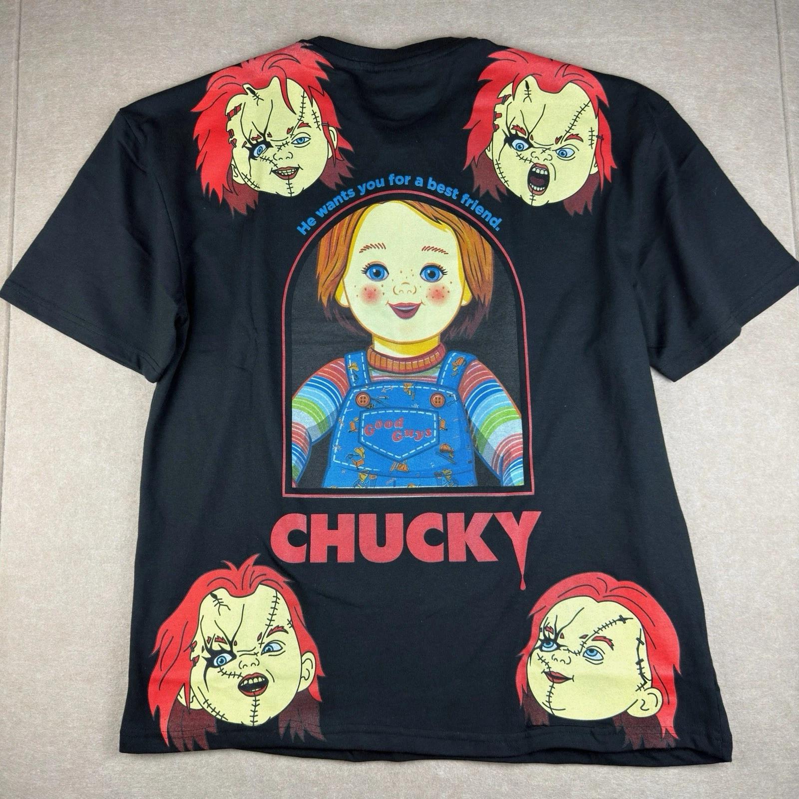 

Chucky Shirt Men XL Black Horror Killer Doll Embroidered Halloween Graphic Tee XL