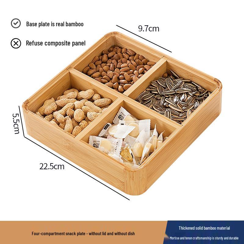 Japanese Bamboo & Wood Snack Box - 4-Compartment Plate for Pastries, Nuts, Seeds, & Dried Fruit