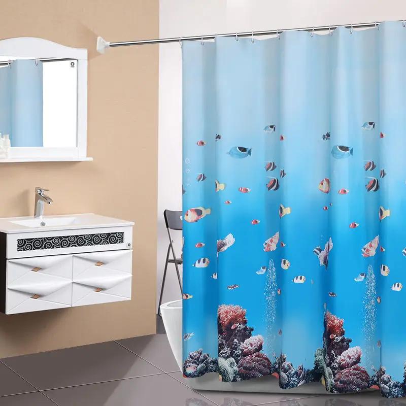 

Шторки для душа 180см Ткань ПВХ Водоотталкивающая Занавеска для ванной Синий принт с рыбками 3D с люверсами и крючками Домашний декор 150x180cm