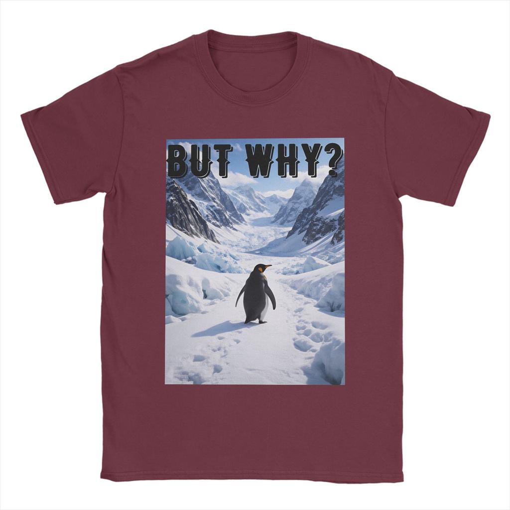Funny Nihilist Penguin But Why Arctic Snow Meme TShirts Men Crewneck Cotton T Shirts Short Sleeve Tee Shirt Graphic Clothing