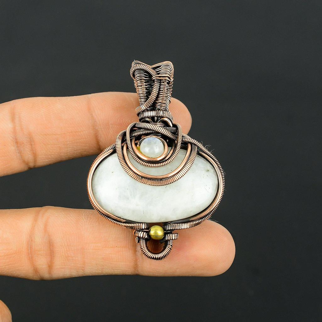 Moonstone Gemstone Copper Wire Wrap Handmade Pendant Jewelry Gift For Women