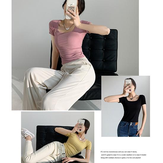 Kurzärmlige Oberbekleidung mit U-Ausschnitt und Basis-Frühlingsoutfit, Übergroßes Oberteil in koreanischer Version, Schlankheits-T-Shirt für den Sommer für Damen