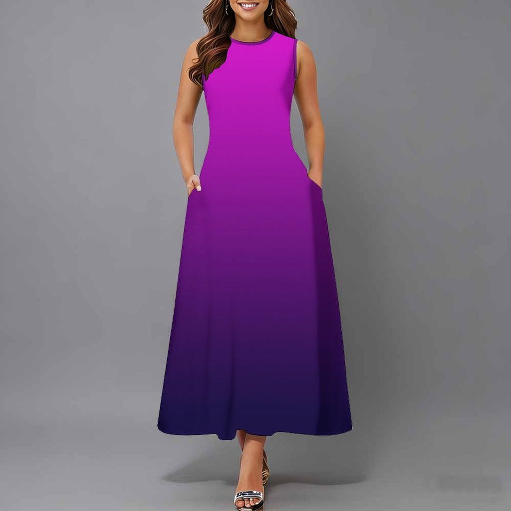 Übergroßes ärmelloses Damenkleid mit Rundhalsausschnitt Lebendiges verstreutes Blumenmuster Lockeres Outfit bis zur Wade