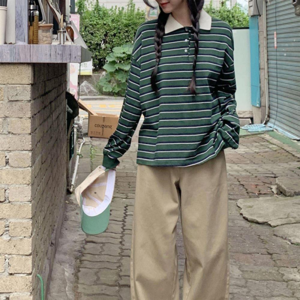 New Arrivals Open Run Women Casual Loose FiT STriped BuTTon Collar Neck T shirT
