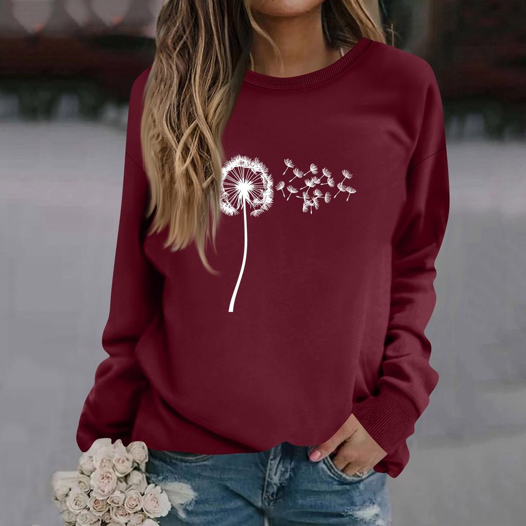 Mote for kvinner, avslappet langermet ensfarget trykket genser med rund hals