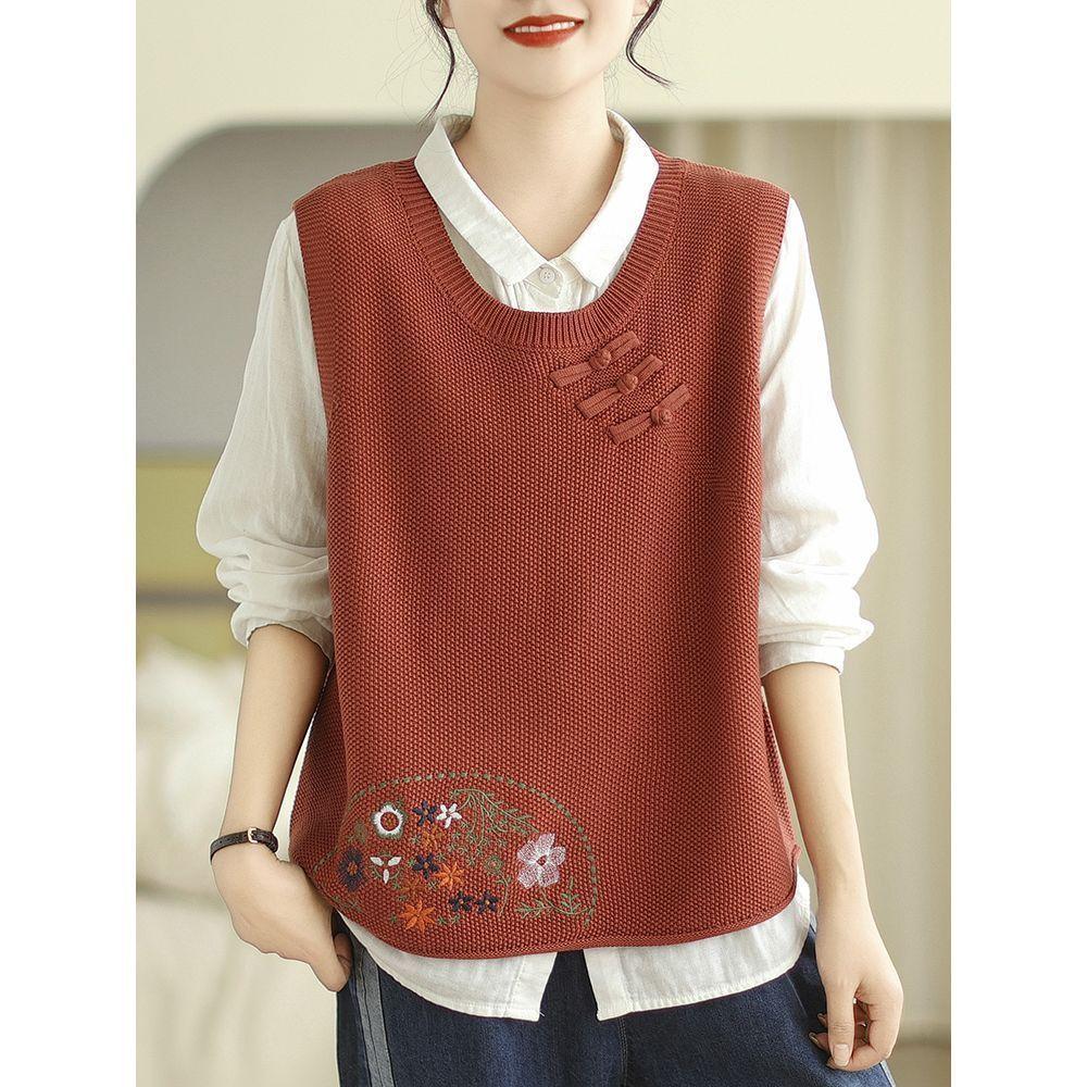 

Женский свитер с круглым вырезом весна-осень без рукавов с вышивкой на пуговицах свободный универсальный трикотажный топ XXXL красный