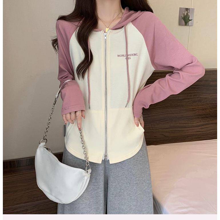 Women's Slim-Fit Raglan Double Zipper Hoodie, Spliced Design with Baby Fleece, Fleece-Lined for Autumn and Winter, Salt-Style Top.