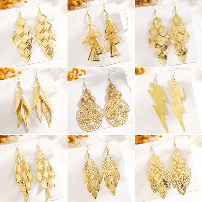 Hollow Metal Multi-Layer Leaf Earrings, Retro Ethnic Feng Shui Drop Disc Geometric Fringed Earrings