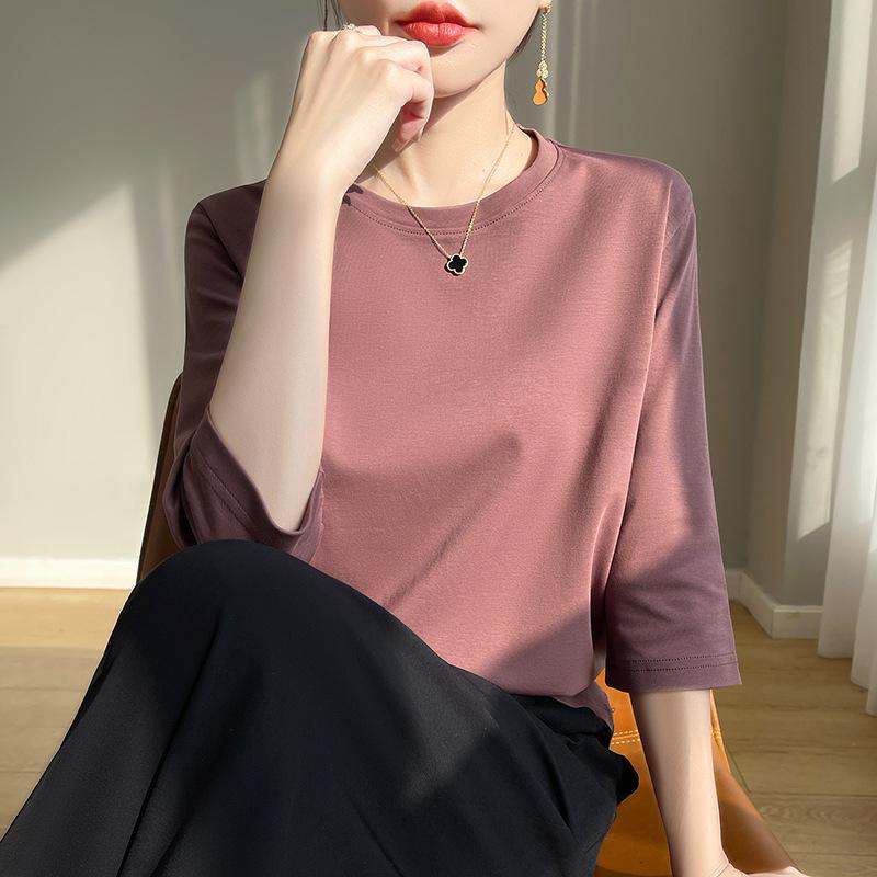 Women's Mercerized Cotton Solid Color Mid-Sleeve T-Shirt