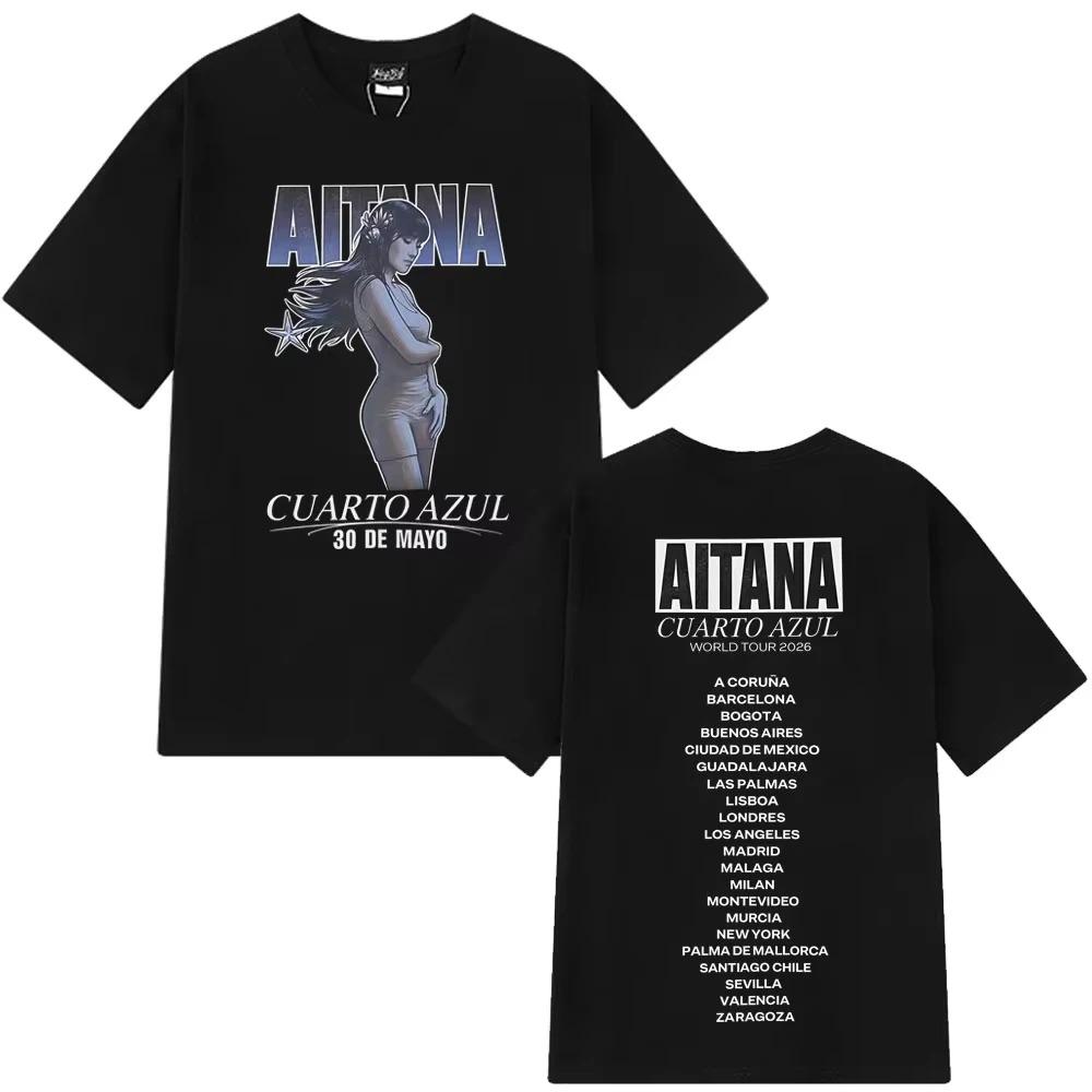 Camiseta Unisex Casual Blanca de Algodón para Mujer y Hombre con Gráfico de Concierto Aitana Cuarto Azul World Tour 2026
