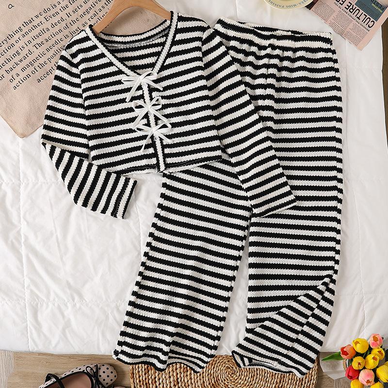 Girls' Minimalist Set: Fall Children's Black-and-White Striped V-Neck Patchwork Bow-Tie Top and Pants Two-Piece Loungewear Set