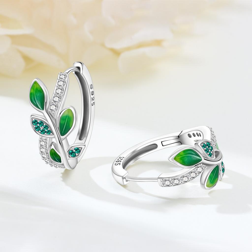 S925 Sterling Silver Green Flowers and Leaves Earrings Hoop Earrings Women Jewelry Original Trendy Anniversary Gifts