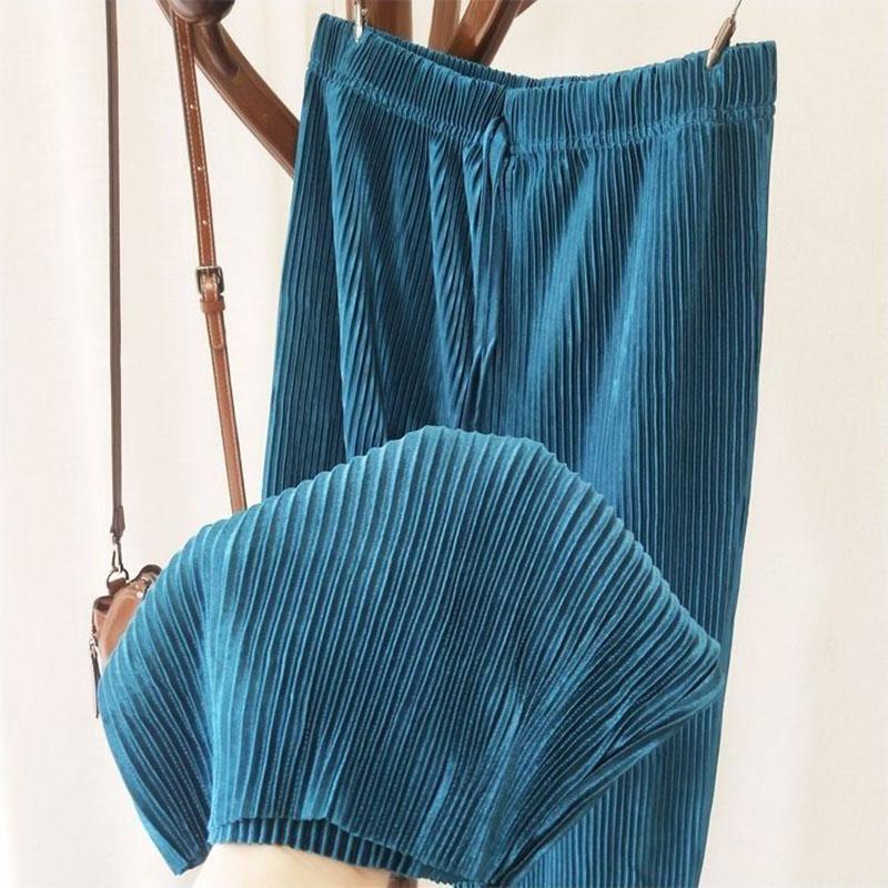 Sommer Plissee Eisseidenhose für Damen Einfarbig Elastischer Bund Locker Weites Bein Hose Damen Casual All-Match Chiffonhose
