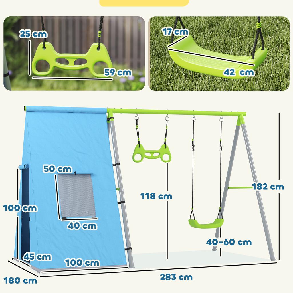 3-in-1 Swing Set, Play Tent, Swing, Gymnastic Rings, Metal, Plastic, Green