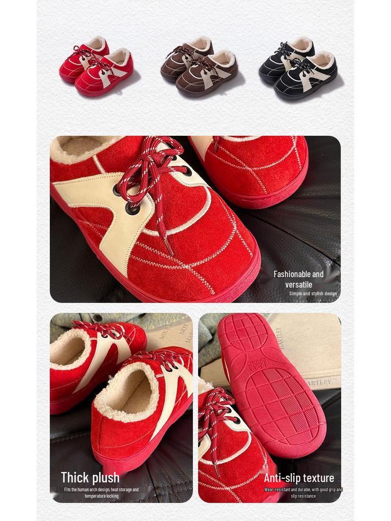 Set of 2 Women's Retro Dexun Cotton Slippers - Autumn/Winter, Lace-Up, Non-Slip, Thick-Soled, Warm & Cozy.