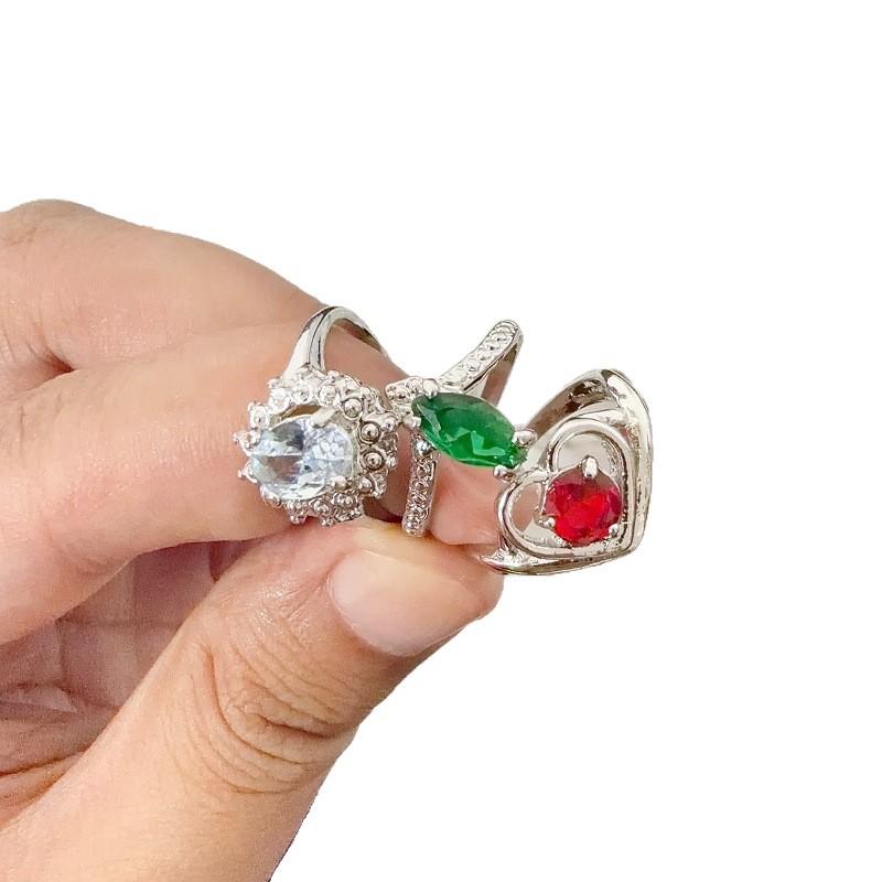 10Pcs Fashion trend four-claw zirconia ring, women's colored alloy ring, retro crystal ring
