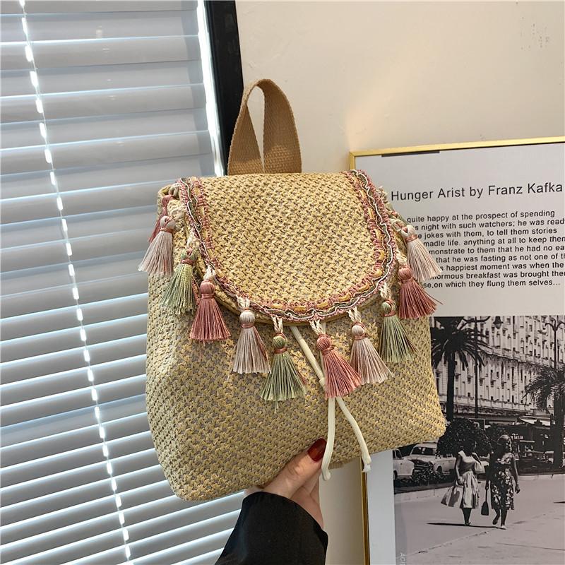 

Yogodlns Женский соломенный рюкзак Тканая сумка через плечо ручной работы Повседневная пляжная сумка Кисточка Дизайн Ведро Сумки через плечо Женские сумки