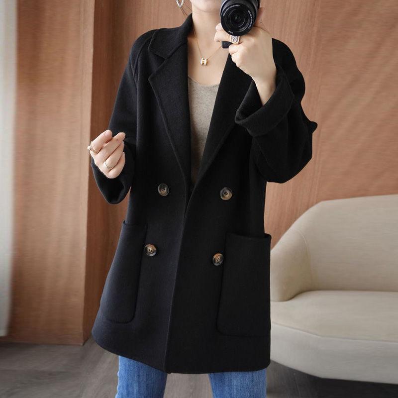 Luksusowy damski dwustronny wełniany płaszcz średniej długości z chenille - Duży rozmiar