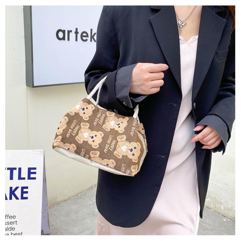 Linen Handbag Women New Cute Cartoon Bear Lunch Box Fresh Artistic Student Tutoring Bag