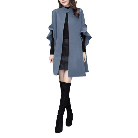 Damen Wintermantel mit Blütenblattärmeln, Stehkragen, A-Linie, Cape, offene Naht, Strickjacke, mittellang, Outdoor-Wollmantel, Poncho