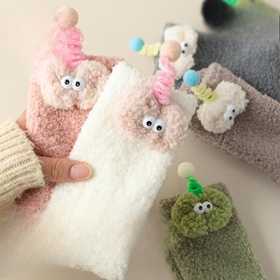 Female Autumn and Winter Thick Add Velvet Cartoon Lovely Month Son Sleep Floor Tube Socks