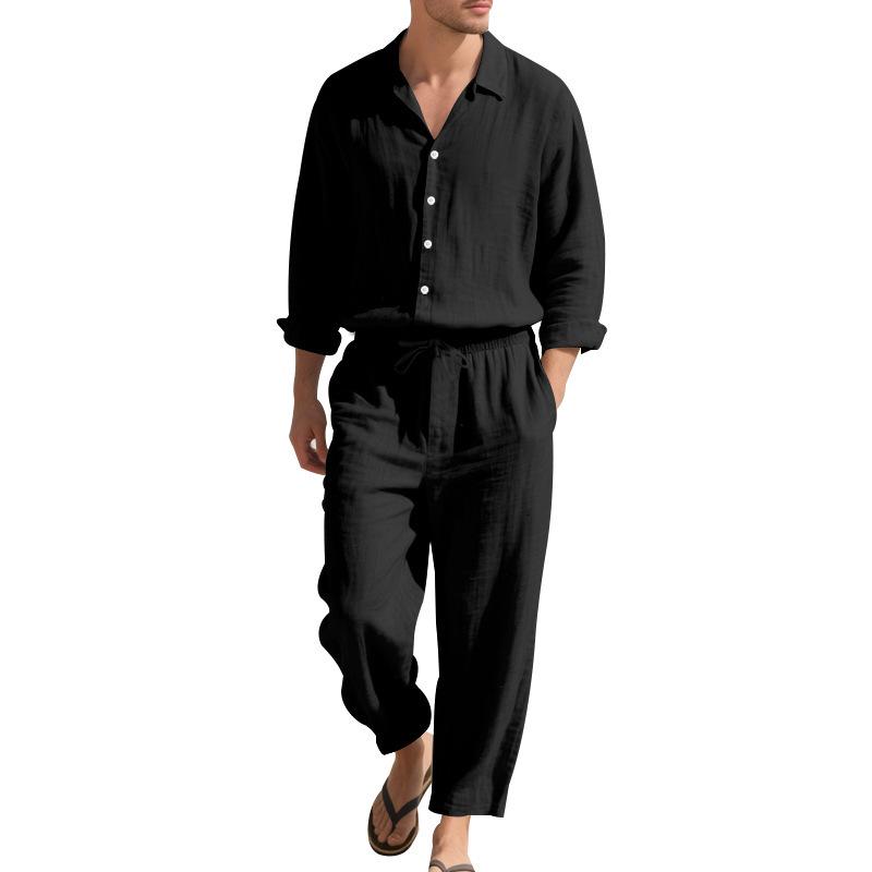 European & American Men's Breathable Cotton Linen Long Sleeve Shirt & Trousers Set