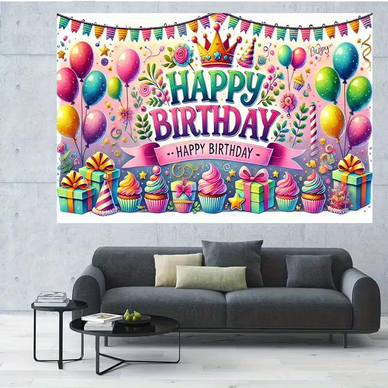 2D Happy Birthday Banner Backdrop Pastel Balloon Gift Box Party Decoration Prop
